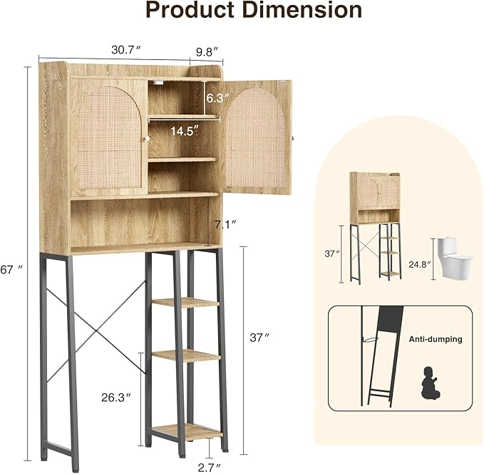 Rattan Over The Toilet Storage Cabinet with Adjustable Shelf and Large Space, Bathroom Organizers and Storage Over Toilet with Rattan Door, Metal Stand, Tall Storage Shelves Above Toilet, Natural