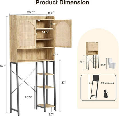 Rattan Over The Toilet Storage Cabinet with Adjustable Shelf and Large Space, Bathroom Organizers and Storage Over Toilet with Rattan Door, Metal Stand, Tall Storage Shelves Above Toilet, Natural