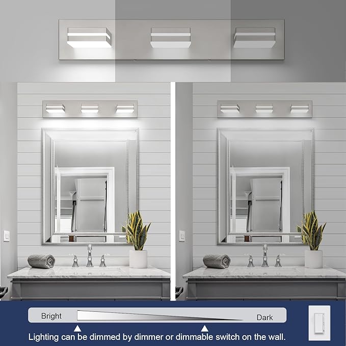 SineRise LED Modern Bathroom Vanity Light Fixtures (3-Light, 24-Inch, Dimmable), Brushed Nickel Modern Acrylic Bathroom Wall Lighting Fixtures Over Mirror (Cool White 6000K)