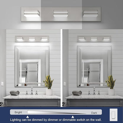SineRise LED Modern Bathroom Vanity Light Fixtures (3-Light, 24-Inch, Dimmable), Brushed Nickel Modern Acrylic Bathroom Wall Lighting Fixtures Over Mirror (Cool White 6000K)