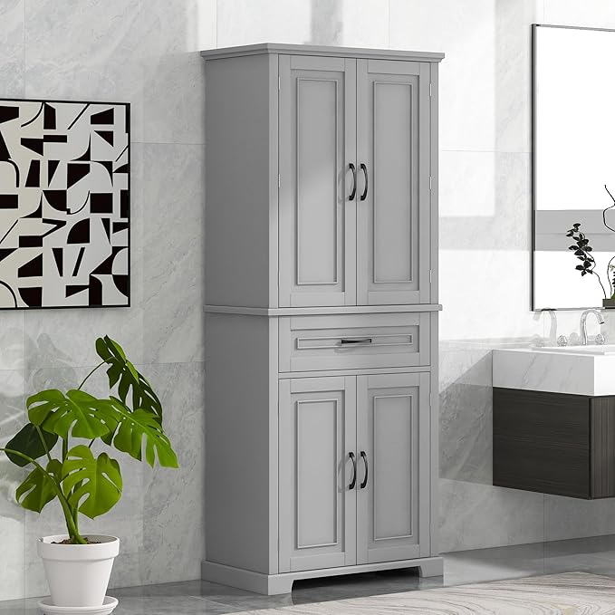 Favfurish 72" Tall Bathroom Storage Cabinet with Doors and Drawer,Modern Linen Cabinets w/Adjustable Shelves & Door Storage Rack,Freestanding Organizer for Bath Room,Study,Office,Kitchen Grey