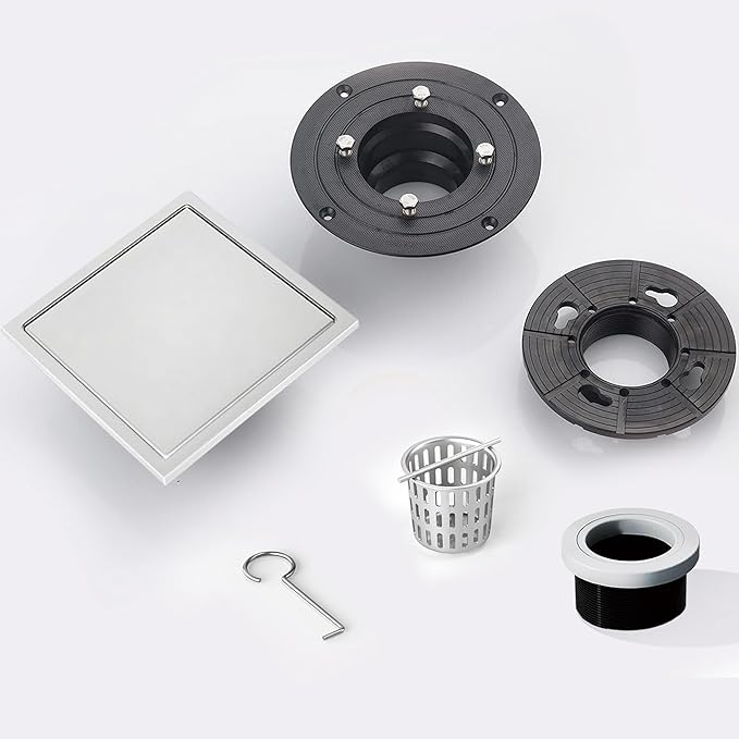 6 Inch Square Shower Floor Drain, Shower Drain Kit with Flange and 2 in 1 Tile-Insert Cover, Square Shower Drain, SUS 304 Stainless Steel Floor Drain,Silver