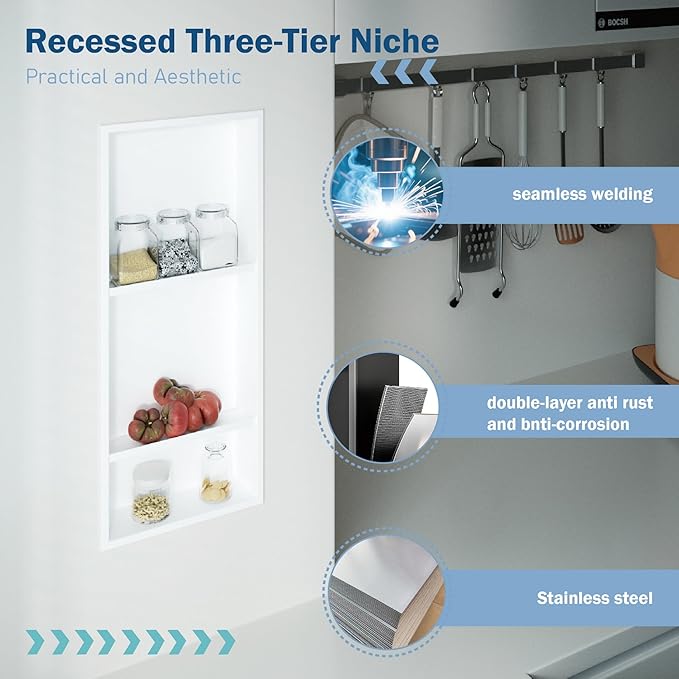 No Tile Needed Shower Niche for Bathroom Storage,Recessed Wall Niche,Three-Tier Shelves,Stainless Steel 12"×30" Matte White (White, 30 * 12 in)