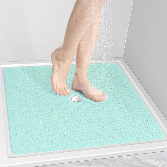 OTHWAY Square Shower Mat, 27"x 27" Extra Large Shower Mats for Inside Shower, TPE Anti Slip Shower mat with Suction Cups Drain Holes, Machine Washable Shower Floor Mat (Light Green)