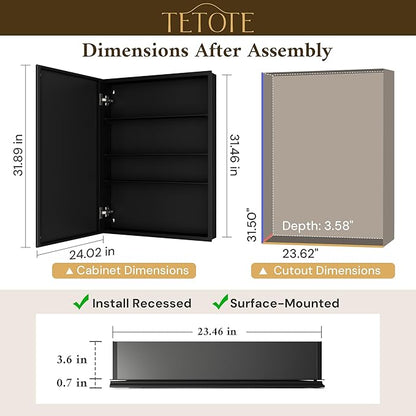TETOTE 24 x 32 Medicine Cabinet with Mirror with Tempered Beveled Mirror Black Medicine Cabinet Aluminum Cabinet DTC Hinges, Stepless Adjustable Shelves, Recessed/Surface-Mounted