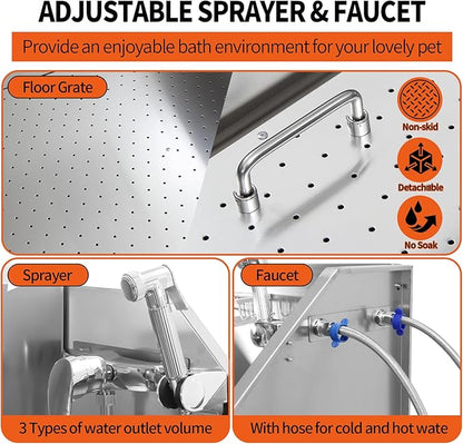 38" Stainless Steel Dog Cat Pet Grooming Bath Tub (w/Faucet, Sprayer, Shampoo Rack),Left Door