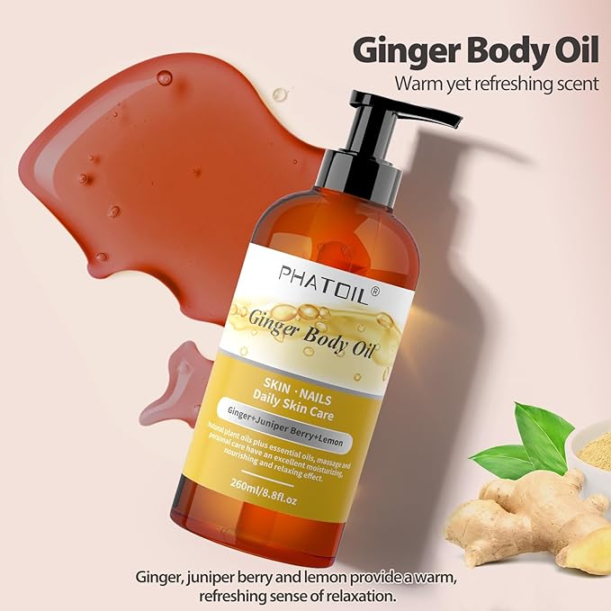 PHATOIL Ginger Oil for Body Massage,Gua Sha, Lymphatic Drainage, 260ML Large Bottle Body Oils for Moisturizing and Nourish Skin, Premium Ginger Body Massage Oil for All Skin Types(8.8oz)