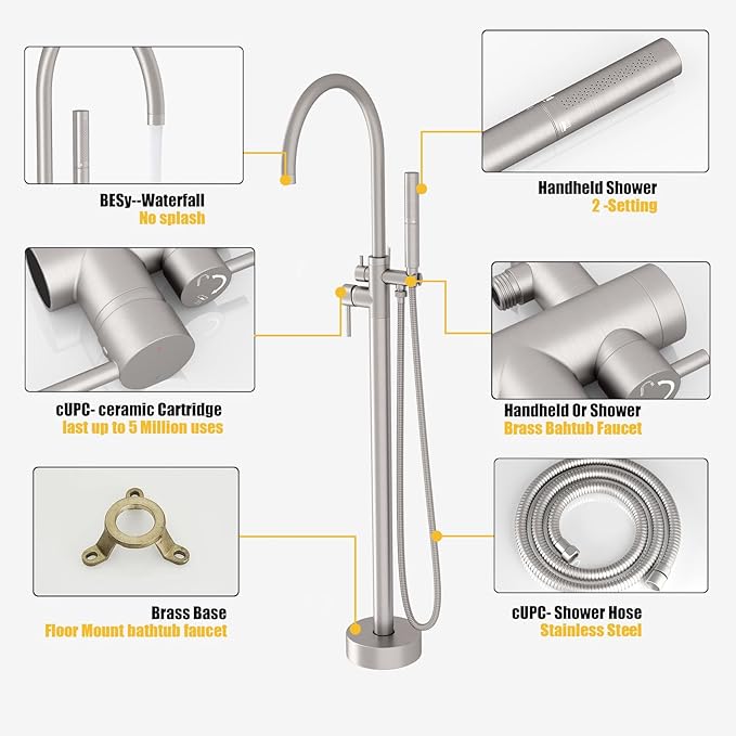 BESy Freestanding Bathtub Faucet Tub Filler Free Standing Floor Mount Stand Brass Bathroom Tub Faucets Sets with 2 Function Hand Sprayer Shower Wand Swivel Spout, Brushed Nickel Finish