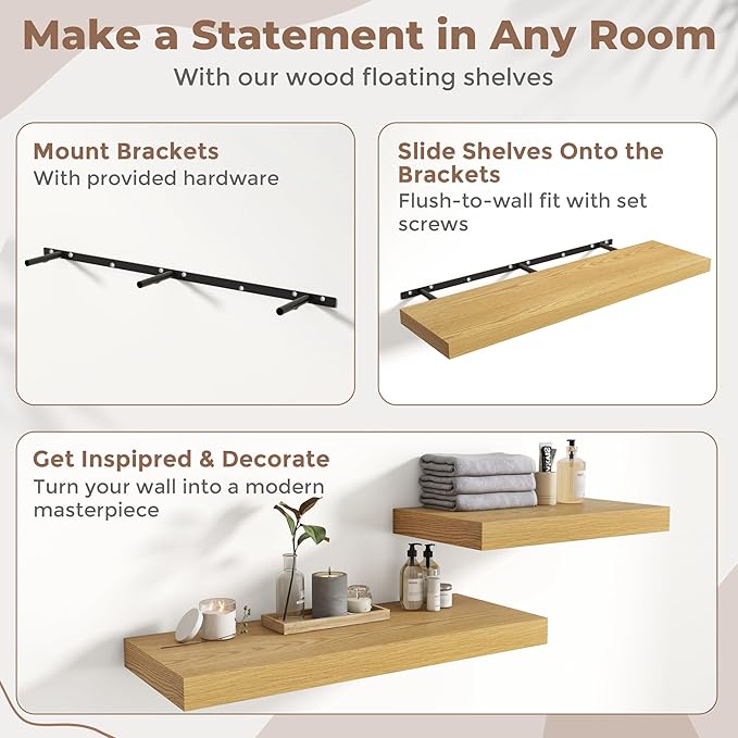 48 Inch Long Floating Shelves for Wall Set of 2, 12"D Wood Grain Bathroom Shelves with Invisible Brackets, Easy Install Engineered Wood Storage Shelves for Kitchen, Living Room, Bedroom, Oak Finish