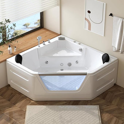 59'' x 59'' Corner Whirlpool Tub- Plastic Acrylic Bathtub with Light,Home Spa Hydromassage with Chromatherapy,Hydro Massage for 2 Person White, ETL Certified
