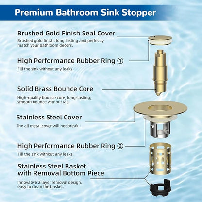Hibbent 2 Pack Upgraded 3 in 1 Bathroom Sink Drain Strainer, Universal Pop Up Stopper with Removable Stainless Steel Filter Basket Hair Catcher, Sink Plug for 1.1''~2.36'' Basin, Brushed Gold
