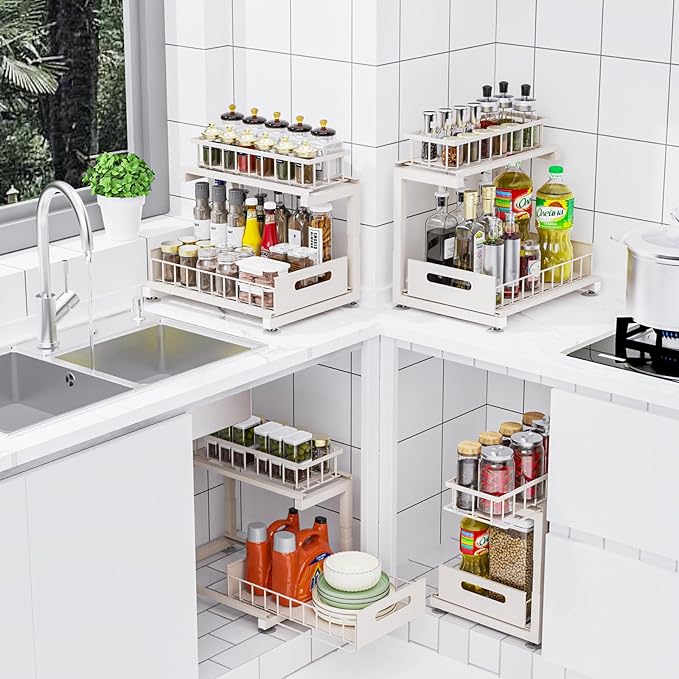 Under Sink Organizer, Heavy Duty Metal Slide Out Sink Shelf Organizer Height Adjustable, Multi-Purpose Storage Shelf for Kitchen Bathroom (Sand,1Pack)