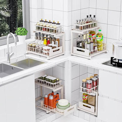 Under Sink Organizer, Heavy Duty Metal Slide Out Sink Shelf Organizer Height Adjustable, Multi-Purpose Storage Shelf for Kitchen Bathroom (Sand,1Pack)