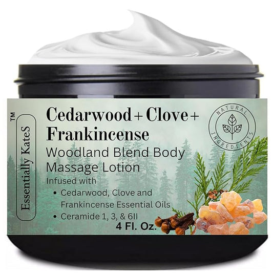 Cedarwood + Clove + Frankincense "Woodland Blend" Lotion 4 oz - enriched with Ceramide 1, 3, and 6II - a grounding body therapy crafted to restore inner balance. Rooted in warm, earthy botanicals.