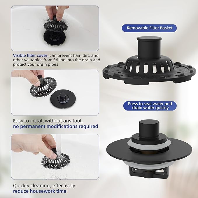 Universal Bathtub Drain Stopper Shower Drain Hair Catcher, Tub Stopper with Visible Top Strainer, Upgraded 3 in 1 Pop-up Drain Plug Fit for 1.5 to 2.4" Hole, Stainless Steel Filter Basket, Matte Black