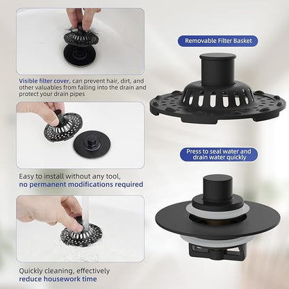 Universal Bathtub Drain Stopper Shower Drain Hair Catcher, Tub Stopper with Visible Top Strainer, Upgraded 3 in 1 Pop-up Drain Plug Fit for 1.5 to 2.4" Hole, Stainless Steel Filter Basket, Matte Black