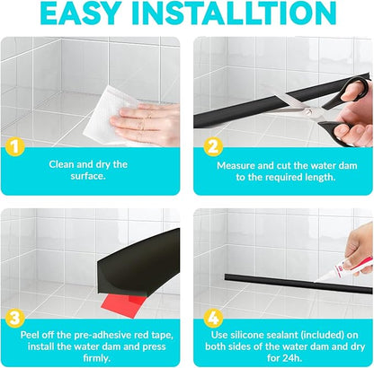 Shower Threshold Water Dam Barrier 67", Silicone Sealant Included, Collapsible Self-Adhesive Water Blocker, Shower Door Water Stopper for Floor Bathroom Kitchen Bathtub Sink