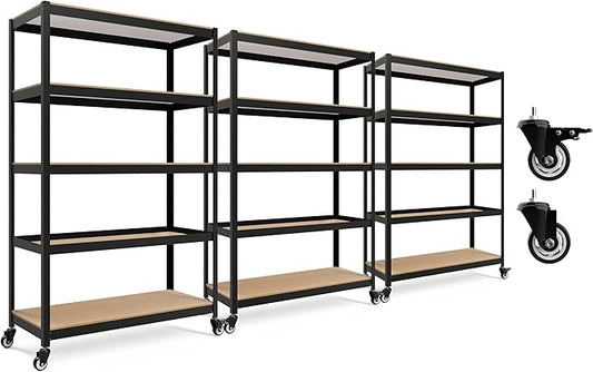 HOMEDANT House 5-Tier Metal Rolling Cart Shelf Rack Casters Heavy Duty Laminated Wheel Shelving Unit Adjustable Utility Storage Shelves Organizer Shelf Kitchen Garage (3, (L) 48.1" W, Black)