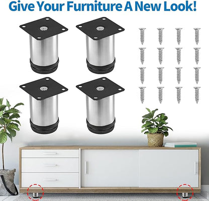 3 Inch Metal Furniture Legs Stainless Steel Adjustable Legs Silver Table Legs Round Cabinet Legs for Coffee Table Cabinet Desk Sofa Shelves, Pack of 4
