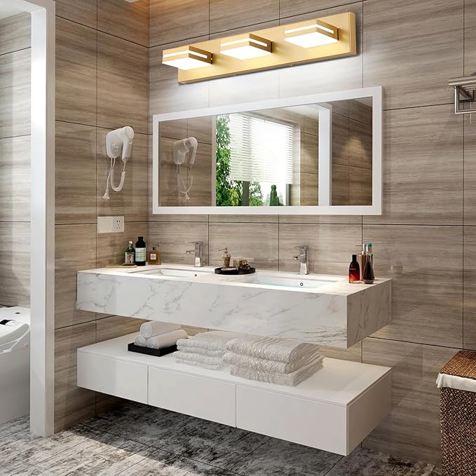 SineRise LED Modern Bathroom Vanity Light Fixtures (3-Light, 24-Inch, Dimmable), Matte Gold Modern Acrylic Bathroom Wall Lighting Fixtures Over Mirror (Cool White 6000K)