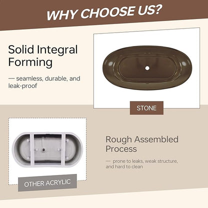 WOODBRIDGE 63" L x 28-3/8" W Transparent Gray Stone Resin Freestanding Soaking Tub with Double Ended Design