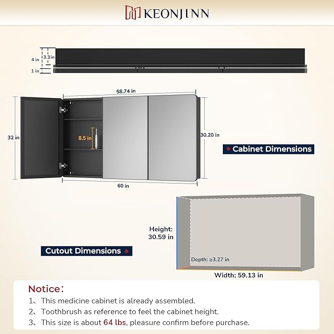 Keonjinn 60 x 32 Inch Large Chrome Medicine Cabinets, Recessed Bathroom Medicine Cabinet, Elegant Silver Stainless Steel Framed, Sturdy & Heavy, Adjustable Shelves, DTC Hinges, Soft Closing, Modern