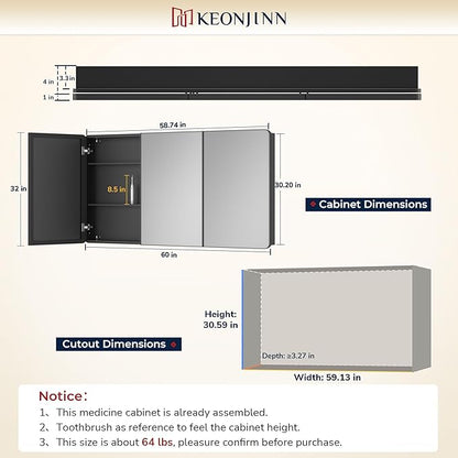 Keonjinn 60 x 32 Inch Large Chrome Medicine Cabinets, Recessed Bathroom Medicine Cabinet, Elegant Silver Stainless Steel Framed, Sturdy & Heavy, Adjustable Shelves, DTC Hinges, Soft Closing, Modern