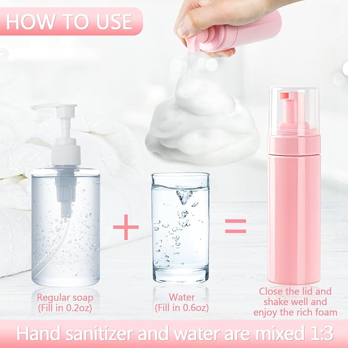 Foam Pump Bottle 5.1oz/150ml Pink Empty Foam Bottle Pump, Travel Foam Bottle for Soap, Shampoo, Cleaning Foam Dispenser Bottle Refillable (6 Pack)