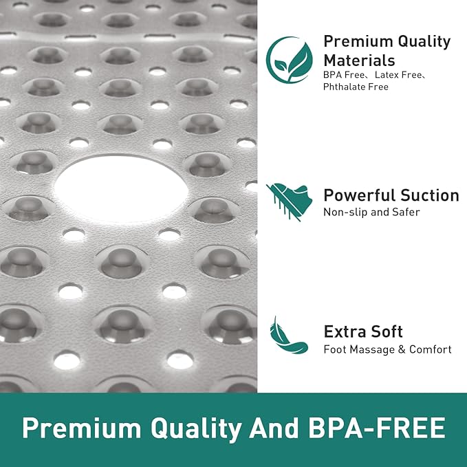 Large Square Shower Mat Non Slip 27 x 27 Inch, Soft Bath Mat Tub Mat for Inside Shower Bathroom Floor, Shower Stall Mats With Big Suction Cup Drain Holes, Easy Washable, BPA-Free, Clear Gray