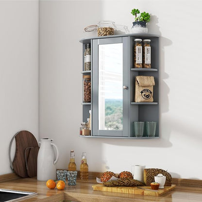 Tangkula Bathroom Medicine Cabinet, Wall Mounted Storage Cabinet with Mirror Door, Removable & 3 Adjustable Shelves, Wooden Hanging Wall Mirror Cabinet for Bathroom Living Room Laundry (Grey)