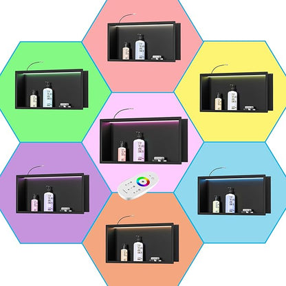 RGB LED Light Shower Niche, Matte Black 36X12 in Stainless Steel Wall Niche with Remote Control, Waterproof No Tile Needed Wall Niche for Bathroom Storage Over Mount Installation