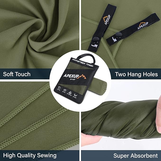 APEXUP Microfiber Travel Towel, Ultra Absorbent Quick Dry Towels, Lightweight Gym Sports Camping Towel for Workout, Yoga, Beach, Shower, Swimming (72"×40", Army Green)