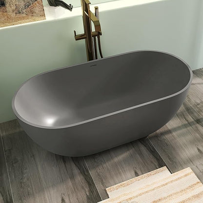 59" Premium Solid Surface Free Standing Bathtub, Oval Stone Resin Tub with Overflow and Pop-up Drain, Matte Dark Grey