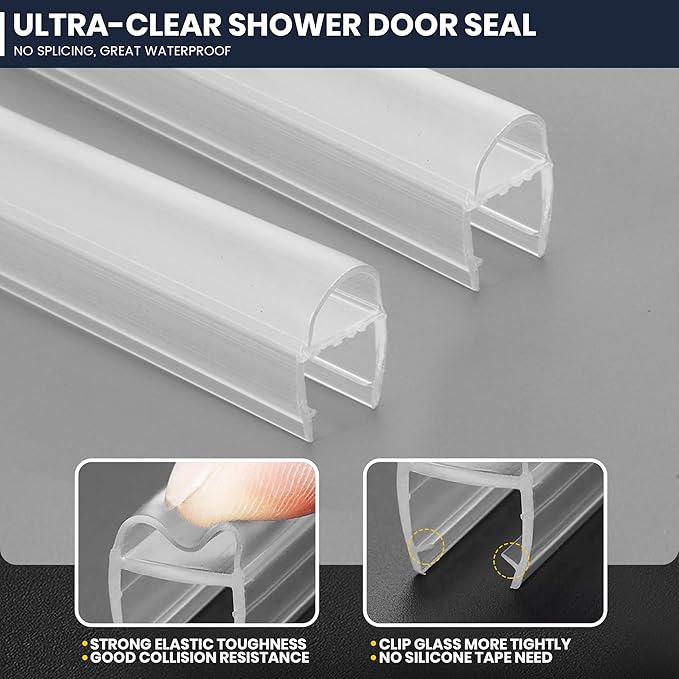 Shower Glass Door Side Seal, 2PCS 78 Inch Ultra Clear U-Shape PVC Seal Strip, for 5/16"(8mm) Thick Frameless Glass Door, to Stop Water Leakage
