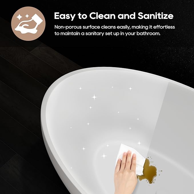 SJ STAR&JANE 55" Solid Surface Freestanding Bathtub, Stone Resin Oval Soaking Tub Matte White Stand Alone Tub with Overflow and Pop-up Drain for Bathroom