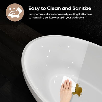 SJ STAR&JANE 55" Solid Surface Freestanding Bathtub, Stone Resin Oval Soaking Tub Matte White Stand Alone Tub with Overflow and Pop-up Drain for Bathroom
