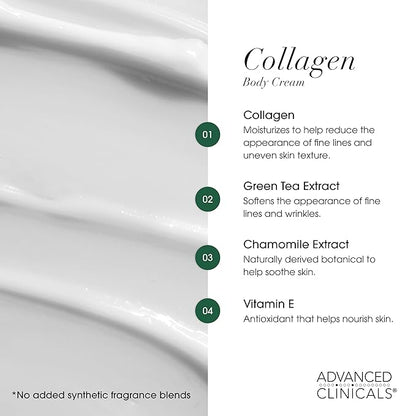 Advanced Clinicals Unscented Collagen Body Cream + Collagen Serum For Face 2PC Skincare Set | Face Serum & Body Lotion For Women & Men Helps Improve Look Of Wrinkles & Dry Skin, Fragrance Free, 2pc