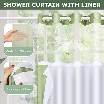 No Hook Shower Curtain and Snap in Liner Set Sage Green Tufted Chevron Striped Cloth Waterproof Washable Fabric Boho Bath Curtain with See Through Mesh Top Window for Bathroom Hotel 71" x 74"
