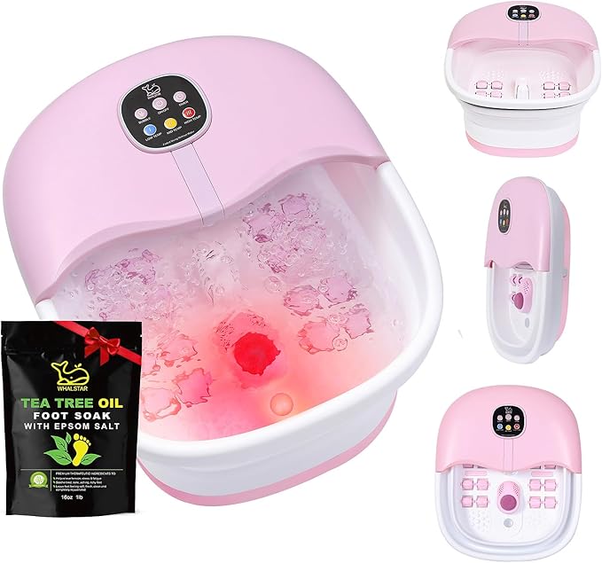 Collapsible Foot Spa Bath Massager with Heat Bubbles and Vibration Massage and Jets, 16oz Tea Tree Oil Foot Soak Epsom Salt, WHALSTAR Foot Bath Bucket With Red Light & Remote - PINK