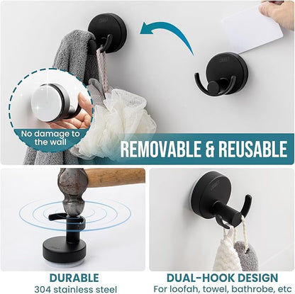 TAILI Stylish 304 Stainless Steel Bathroom Suction Hooks for Towel, Bathrobe, Loofah, No Damage Hanging Glass Shower Wall Hook, Patented Strong Suction Cup Holder, Hold Up to 11 Lbs, U-Cylinder Black