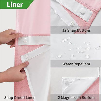 Long No Hooks Needed Linen Textured Shower Curtain with Snap-in Fabric Liner Set,Hotel Luxury Decor Shower Curtains for Bathroom,Waterproof & Washable,71Wx80H,Pink