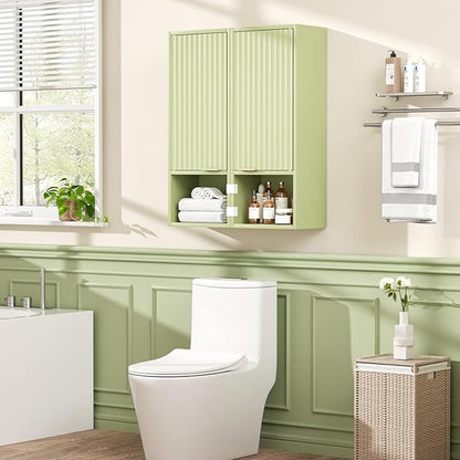 59.1" Tall Slim Bathroom Storage Cabinet Green | Freestanding or Wall Mounted Modular Cabinet, Fluted Panel Linen Tower with Adjustable Shelves for Small Spaces