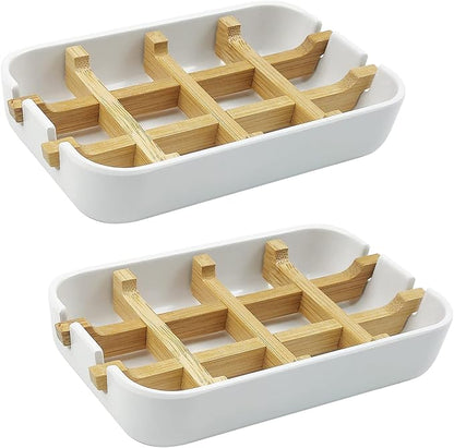 2 Pack Bamboo Soap Dish, Self-Draining Soap Box, Wooden Bamboo Bar Soap Holder for Shower, Bathroom, Kitchen, Bathtub, Bar Sink (White)