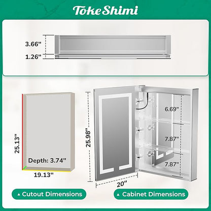 TokeShimi 20x26 Lighted Medicine Cabinet Mirrored Surface Mount 3 Color Dimmable, Anti-Fog Recessed Medicine Cabinet Mirror with Light and Outlet, 2-Side Led Bathroom Mirror with Storage