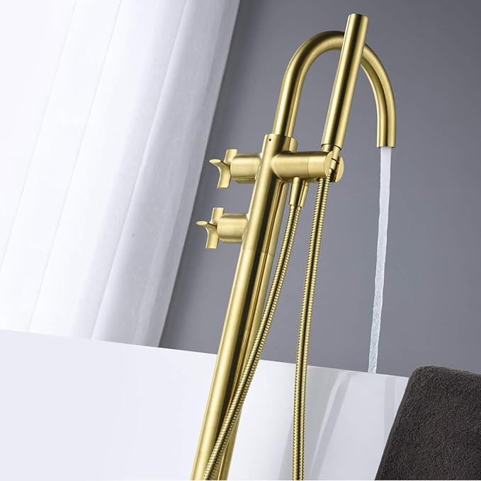 Freestanding Tub Filler Bathtub Faucet Brushed Gold Floor Mount Brass Bathroom Faucets with Hand Shower