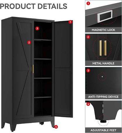 71" Metal Storage Cabinet - 5-Tier Heavy-Duty Pantry Cabinet with Adjustable Shelves & Barn Doors for Kitchen Garage, Black