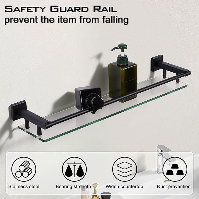 Glass Shelf for Bathroom Wall Sheves 24 inch Rectangular Stainless Steel Tempered Glass Modern Stainless Steel Wall Mount Accessories Organizers Storage (Matte Black)