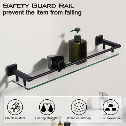 Glass Shelf for Bathroom Wall Sheves 24 inch Rectangular Stainless Steel Tempered Glass Modern Stainless Steel Wall Mount Accessories Organizers Storage (Matte Black)