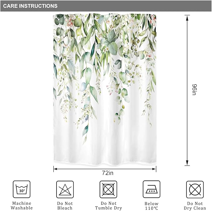 Riyidecor Extra Long Eucalyptus Leaves Shower Curtain for Bathroom Decor 72Wx96H Sage Green Botanical Plants Spring Leaf Floral Herbs Art Printed Fabric Polyester Waterproof 12 Pack Plastic