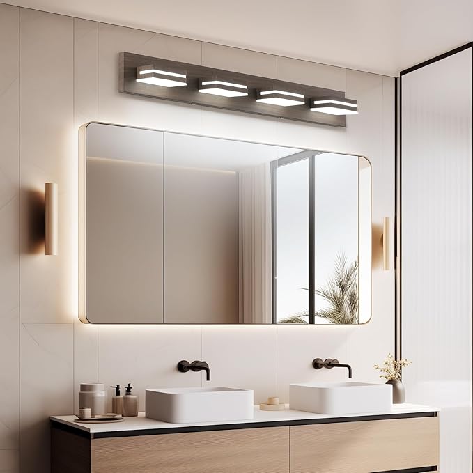 SineRise LED Modern Bathroom Vanity Light Fixtures (4-Light, 30-Inch, Dimmable), Brown Wood Painted Modern Acrylic Bathroom Wall Lighting Fixtures Over Mirror (Cool White 6000K)